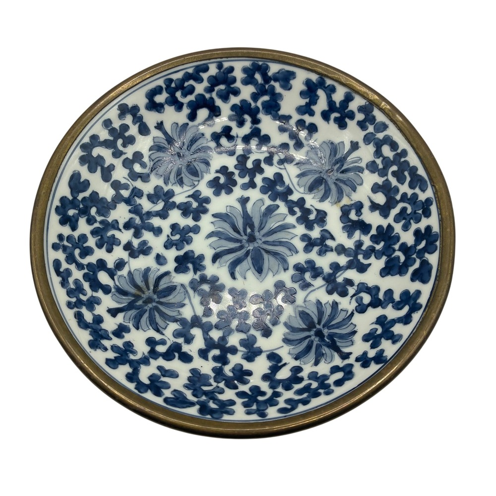Vintage Japanese Porcelain Blue White Floral Bowl Brass Encased Hong Kong TFF